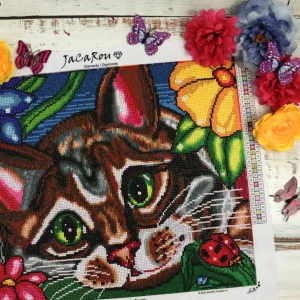 Best JaCaRou Puzzles Broderie de diamants RONDS - CHAT DANS LES FLEURS