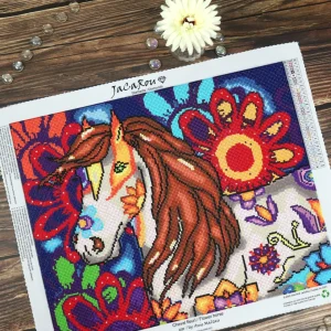 Sale JaCaRou Puzzles Broderie de diamants RONDS - CHEVAL FLEURI